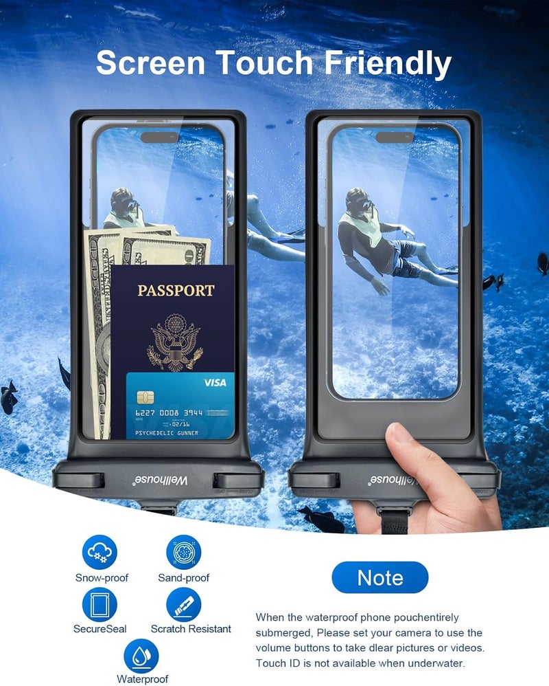 Wellhouse Waterproof Phone Pouch, Waterproof Phone Case for iPhone 16 15 14 13 12 Pro Max XS Samsung, IPX8 3D Cellphone Dry Bag Beach Essentials (2 Pack - Black & White8.0, 8 inch) - Image 2